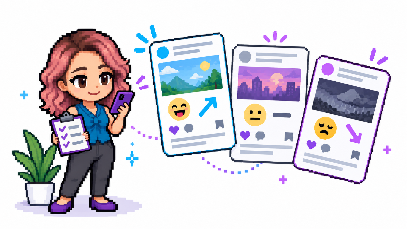 Pink-haired mascot reviews her phone and checklist beside three posts representing uplifting, neutral, and draining reactions.
