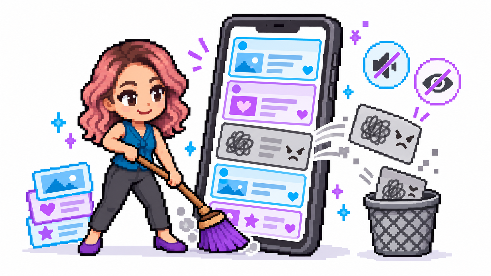 Mascot sweeps unwanted posts from a phone feed beside mute and hide icons.