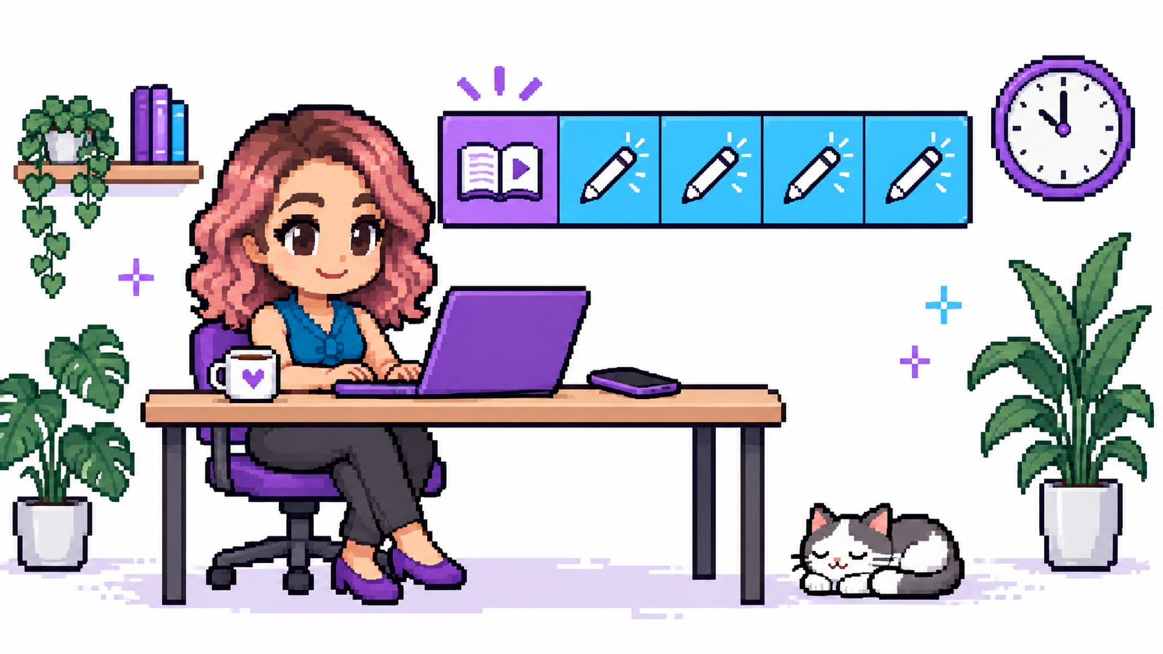 Mascot works at a laptop beneath a schedule with one consumption block and four creation blocks.